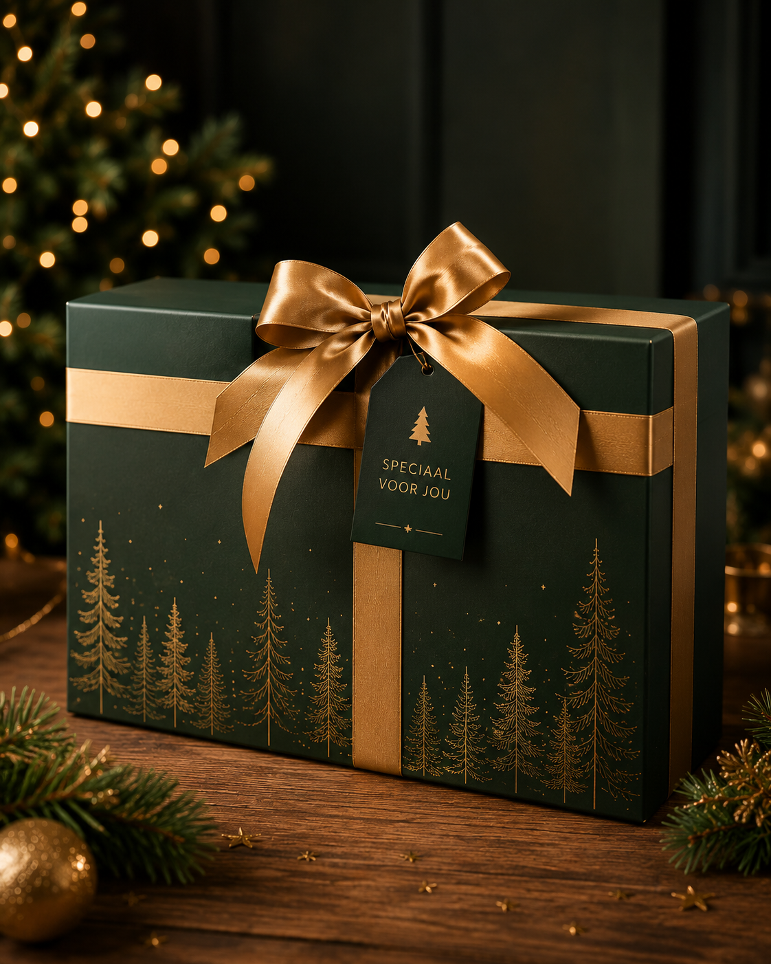 Een luxe kerstpakket op maat, fraai verpakt met goudkleurig lint en gepersonaliseerde cadeauverpakking