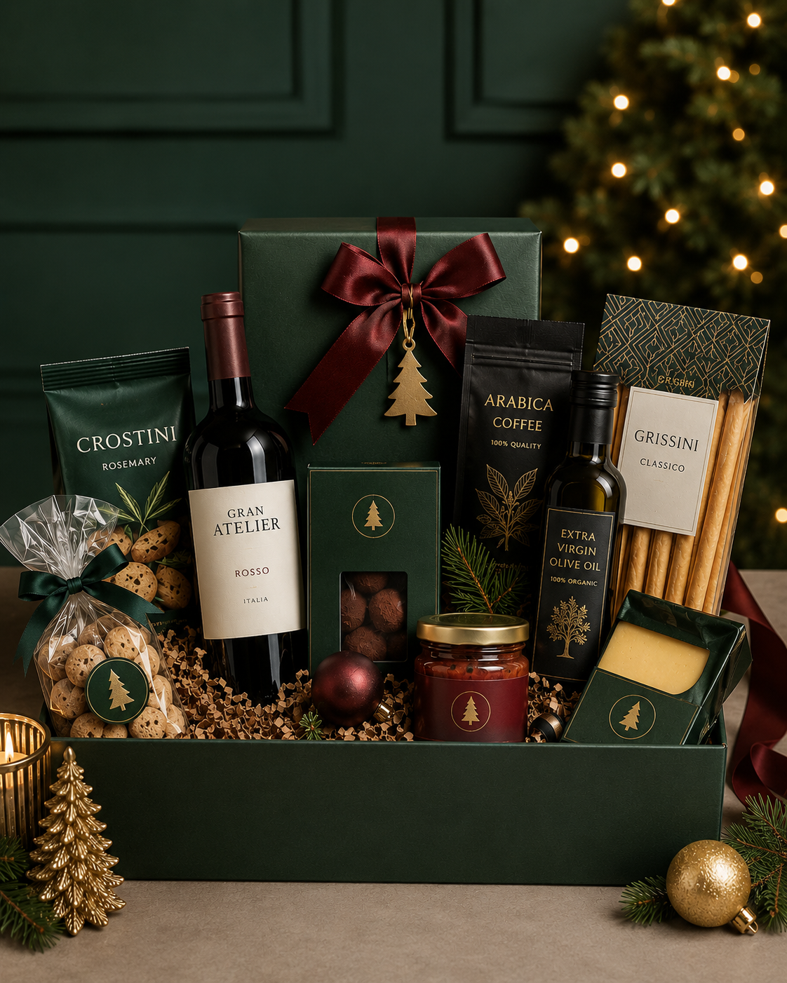 Luxe maatwerk kerstpakket met gepersonaliseerde verpakking in huisstijlkleuren en goudkleurig lint